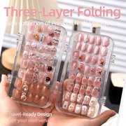 Three-Layer Folding Clear Press on Nails Storage Box with 30 Pcs Adhesive Double Sided Tape Large Transparent Acrylic Nail Display Box Artificial False Nail Box Organizer Fake Nail Case Boxes