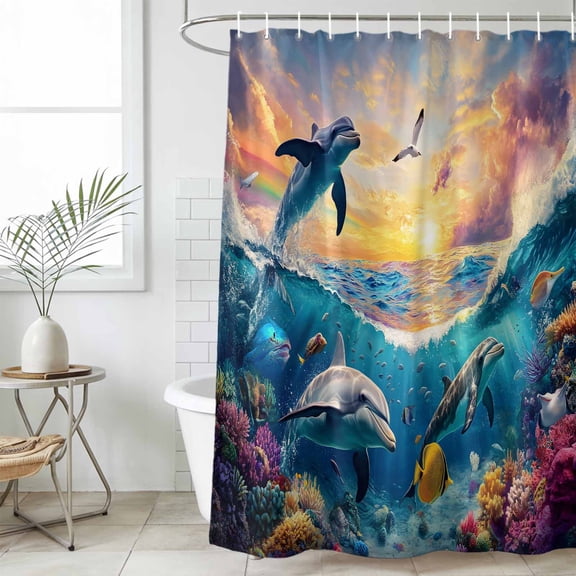 Blue Coastal Small Stall Shower Curtain, Waterproof Shower Curtains for Bathroom, Dolphin Summer Beach Nautical Ocean Washable Fabric Cloth Bath Curtain for Bathtub Decoration with Hooks 36x72 Inches
