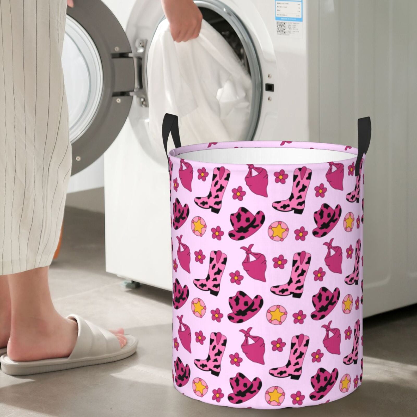 Large Laundry Basket with Handles - retro Cowgirl pink Boots hat scarf Kids Baby Dirty Clothes Laundry Hamper for Bedroom Aesthetic