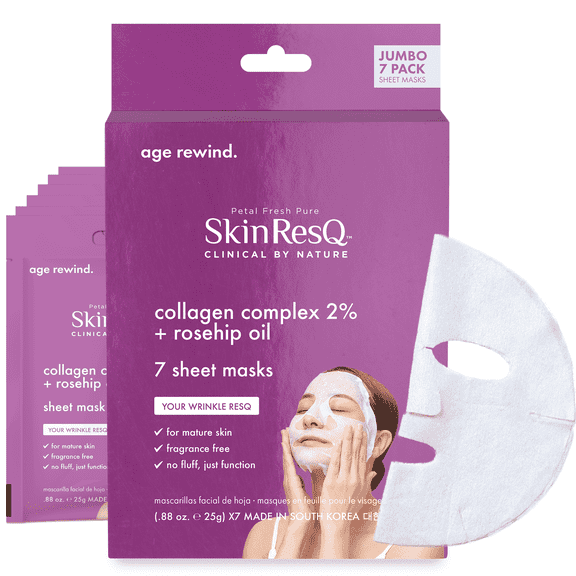 Skin ResQ by Petal Fresh Age Rewind Sheet Masks with Collagen Complex 2% + Rosehip Oil, Firming and Hydrating Face Masks for Mature Skin, Fragrance Free, 7 Pack