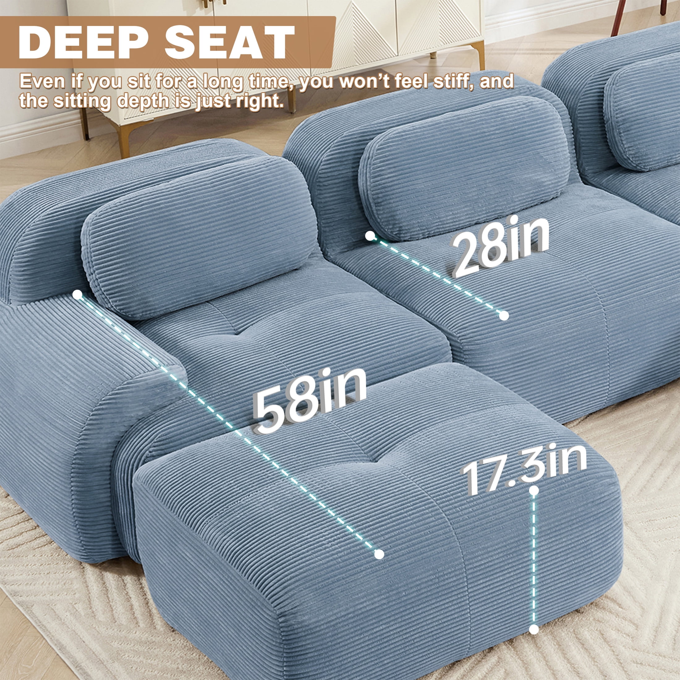 Aukfa 82" Modular Sectional Sofa with Ottoman, Corduroy, 28" Deep Seat, No Assembly Required, Blue