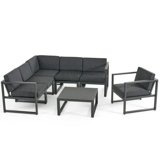 GDF Studio Quick Outdoor Aluminum 6 Seater Sofa Set, Black and Dark Gray