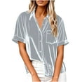 thumbnail image 2 of Velvet Shirt Women Short Sleeve Lapel Collar Dressy Blouses Holiday V Neck Tshirts with Chest Pocket Loose Fitted Button Down Top Trendy Outfits, 2 of 6