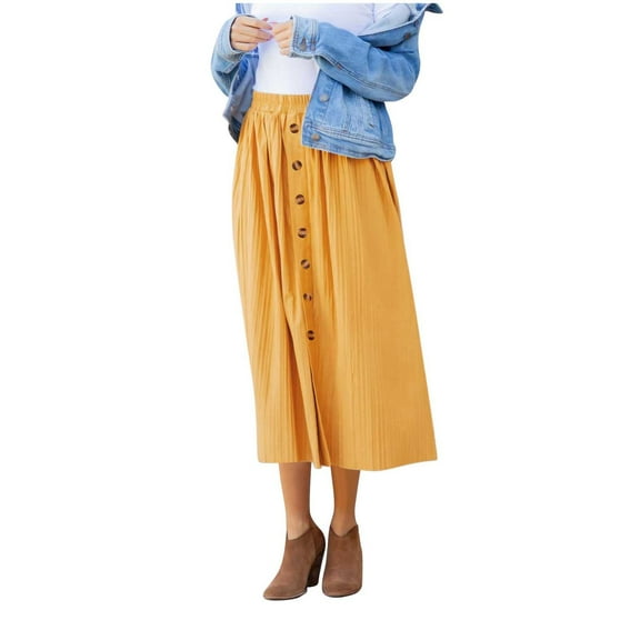SHTXOZHI Womens Skirts Elastic Waisted Button A-Line Pleated Casual Vacation Boho Skirts