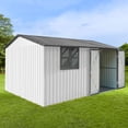 thumbnail image 6 of 10x12 Ft Metal Outdoor Storage Shed with Window & Vents, Waterproof Garden Tool Shed with Hinged Door Lock, Built-In Hooks for Backyard Lawn Equipment Organization, Grey+White, 6 of 6