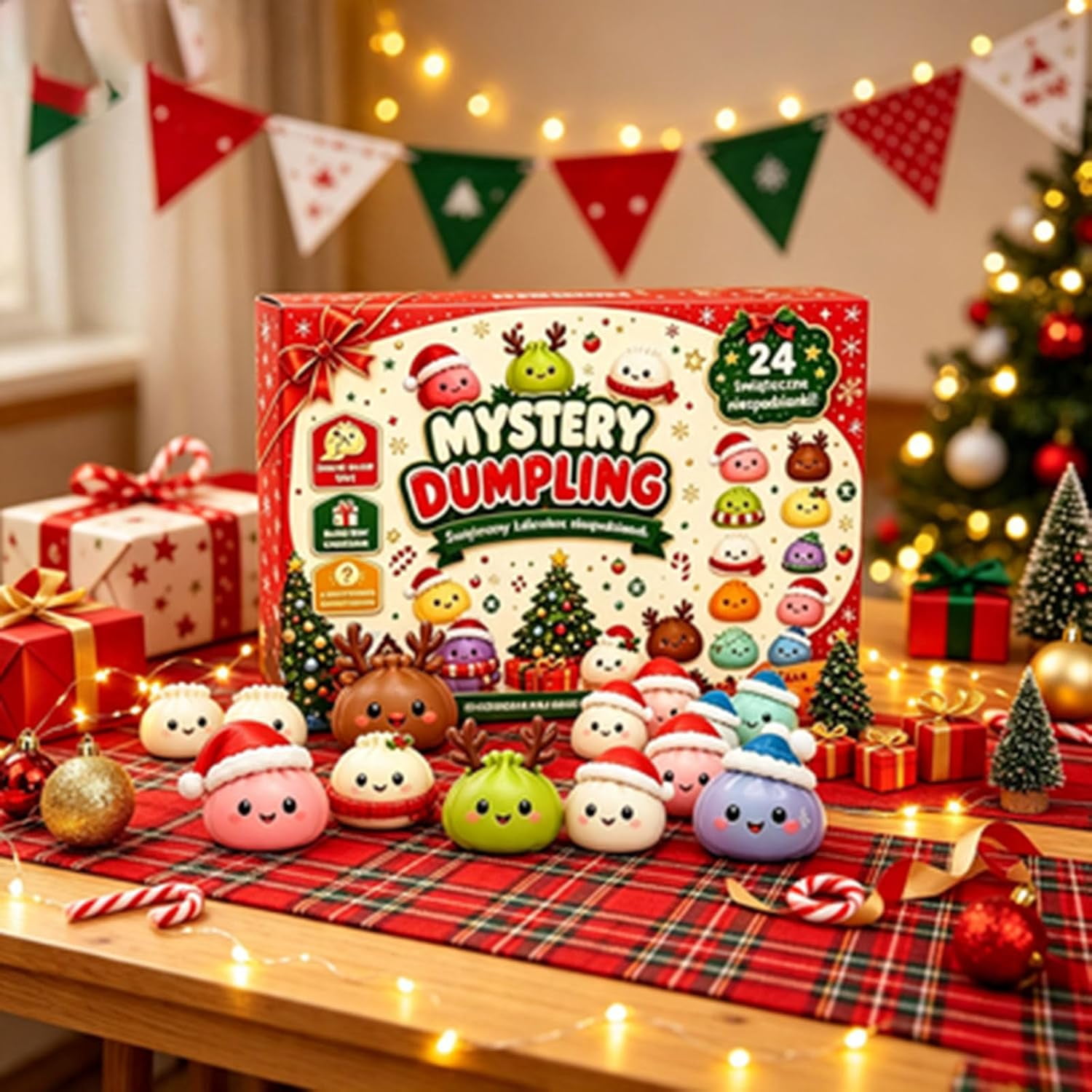Kawaii Mystery Dumpling Squishy Advent Calendar 24 Days, Squeeze Sensory Fidget Toys Christmas Countdown Box, Festive Holiday Party Favors & Stocking Stuffers for Holiday