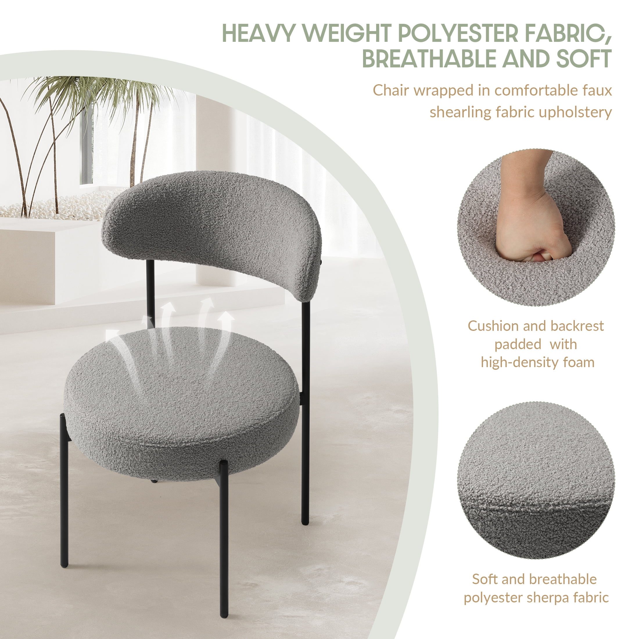 WestinTrends Alexandria Mid-Century Modern Upholstered Sherpa Round Dining Chairs (Set of 6), Light Gray