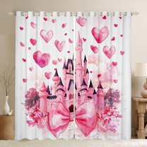 Homewish Kids Princess Castle Blackout Curtains Set of 2 (52x84 Each), Pink Watercolor Bowknot Window Curtains, Romantic Love Heart Curtains and Drapes, Black Out Curtains Decor
