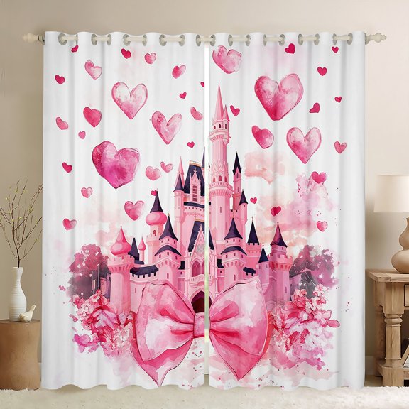 Homewish Kids Princess Castle Blackout Curtains Set of 2 (52x84 Each), Pink Watercolor Bowknot Window Curtains, Romantic Love Heart Curtains and Drapes, Black Out Curtains Decor