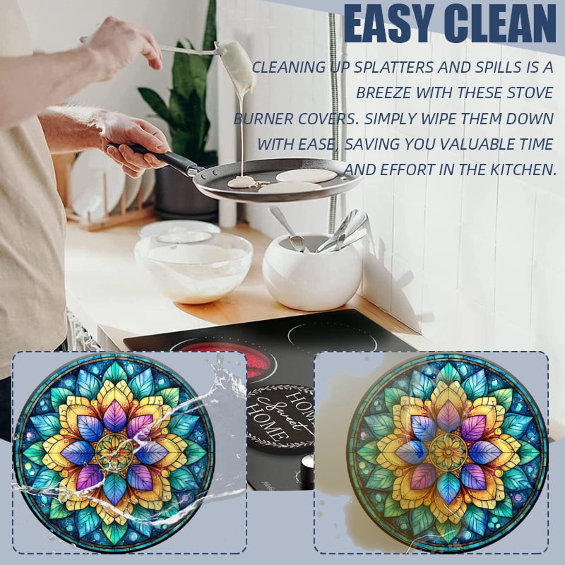 Kitchen Stove Burner Covers for Electric Stove, Mystery Teal Floral Mandala 4 Pack Round Oven Burner Covers for Kitchen, 8 Inches and 10 Inches