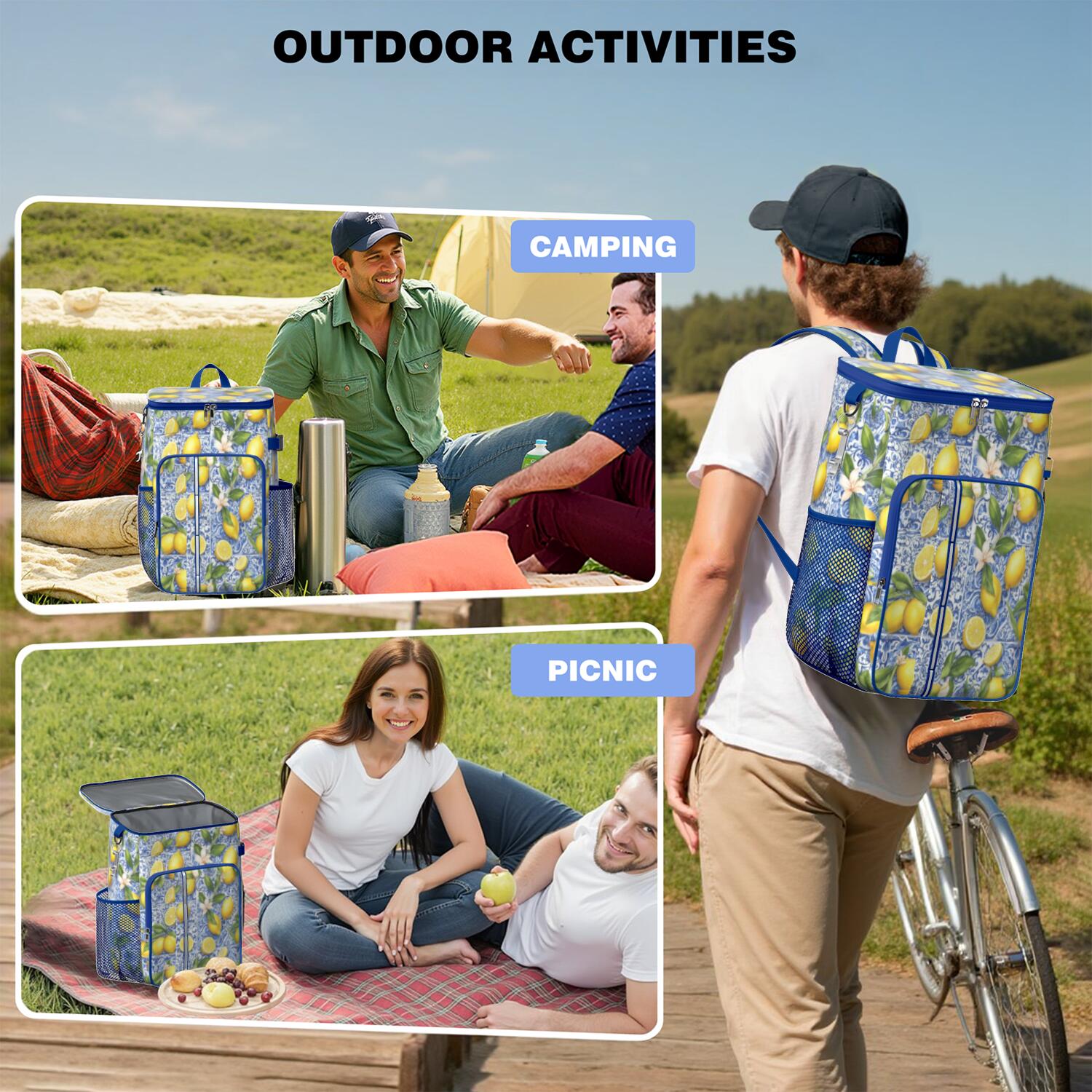 Travel Cooler Bag - Lemon Camping Beer Cooler Backpack with Bottle Opener- Waterproof Insulated Picnic Backpacks - Cooler Bag for Beach