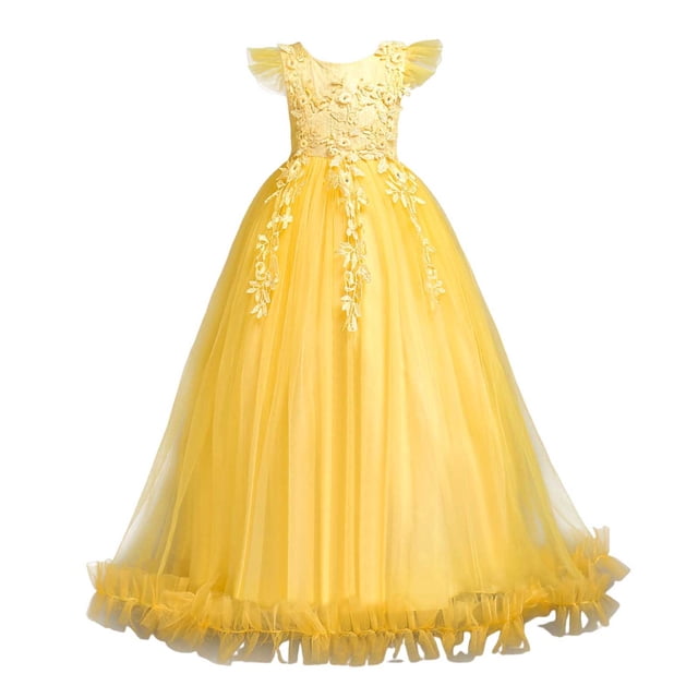 Miluxas Robe de Princesse pour Filles Robe Formelle pour Enfants Robe de Bal Concours Mariage Fête Robes pour Filles Jaune 11-12 Ans