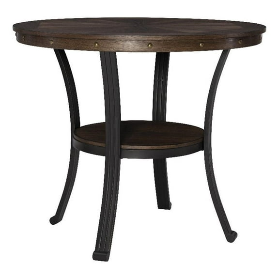 Linon Franklin Counter Height Table Metal Legs Wood Top & Shelf in Umber Brown