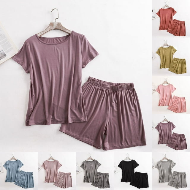 JDQJBZ Womens Pajama Sets Solid Color Short Sleeve Shirt and Elastic Waist Shorts
