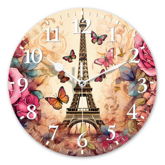 Round Wall Clock,Whimsical Watercolor Illustration Of The Eiffel Tower,Silent Non-Ticking Wall Clock Decor for Home Office Kitchen Living Room Bedroom(10inch)
