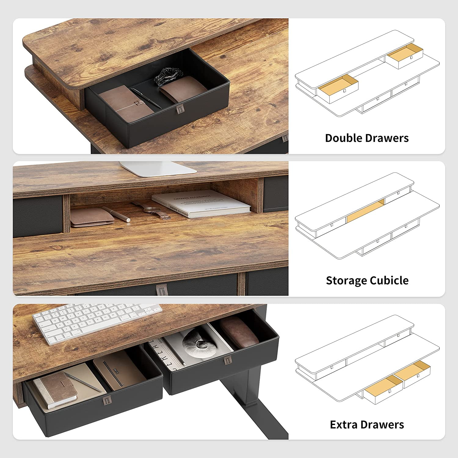 FEZIBO 48 x 24 Inch Height Adjustable Electric Standing Desk with 4 Drawers, Stand Up Table with Storage Shelf, Sit Stand Desk with Splice Board, Black Frame/Rustic Brown Top