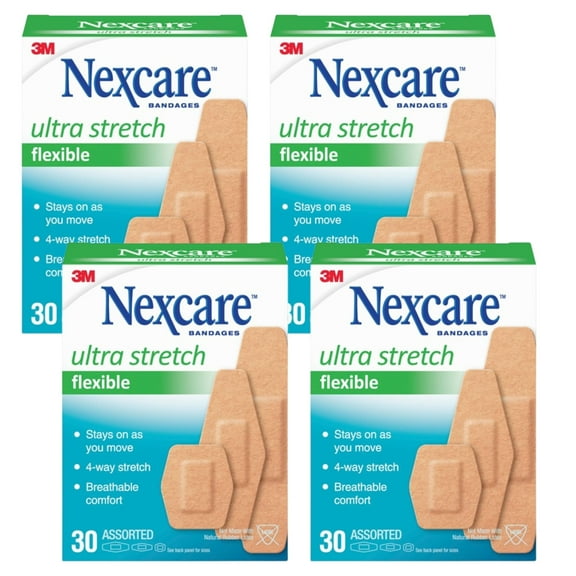 Nexcare Comfort Flexible Fabric Adhesive Bandages, Assorted Sizes, Latex-Free, 30 Count Pack of 4