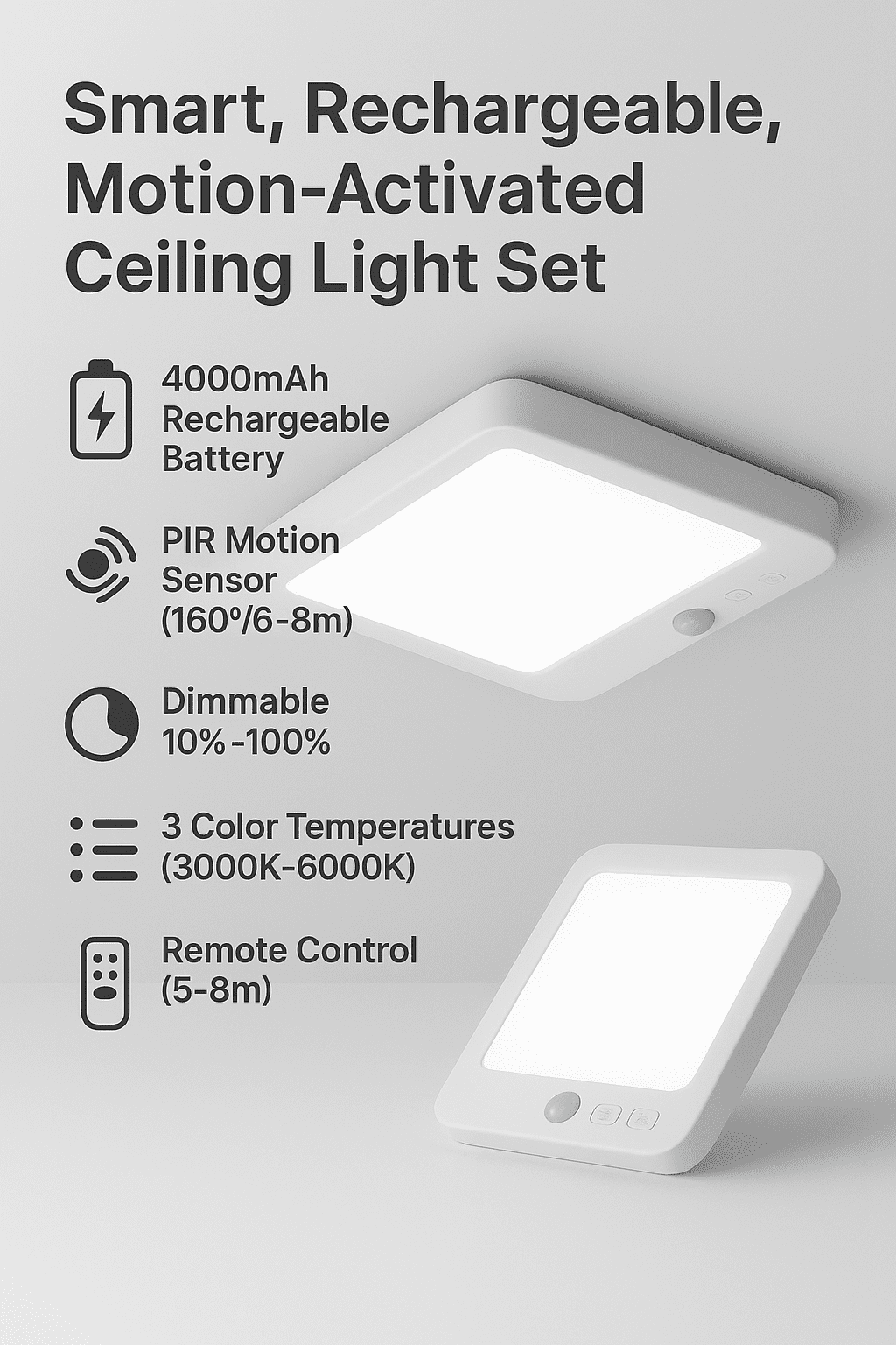 NEWJOEY 2 Pack Wireless Motion Sensor Ceiling Lights, Rechargeable 4000mAh LED Fixtures with Remote, Dimmable 3-Color Flush Mount Lights for Bedroom, Hallway & Closet