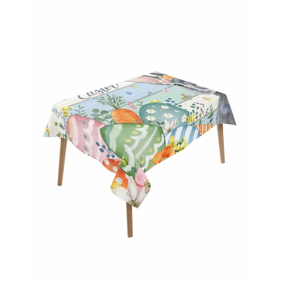 Easter Rectangle Tablecloth, Spring Bunny Easter Eggs Floral Beige Green Wood Waterproof & StainResistant Tablecloth, Washable Oil-proof Table Cover for Dining/Party/Wedding/Camping/Buffet 52x70 In
