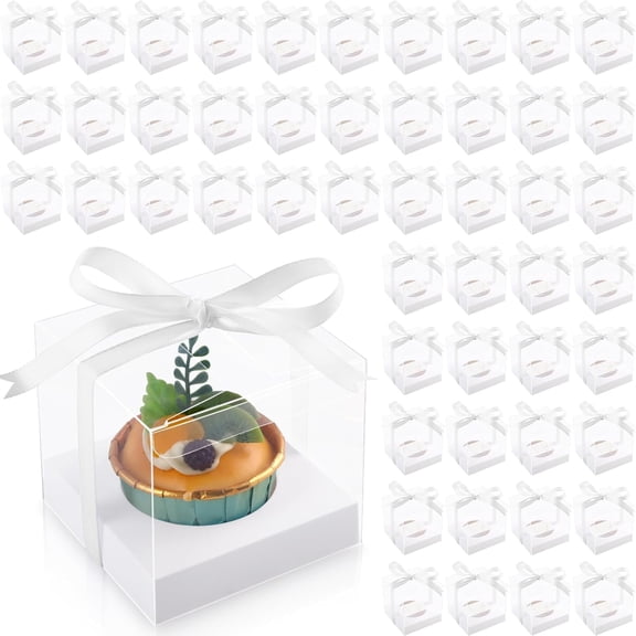 50 Pcs Clear Plastic Cupcake Boxes, 3.5 Inch Single Cupcake Containers, Individual Cup Cake Holder Boxes with Inserts and Ribbon, Cake Storage Holder for Wedding Kitchen Party Favor(White)