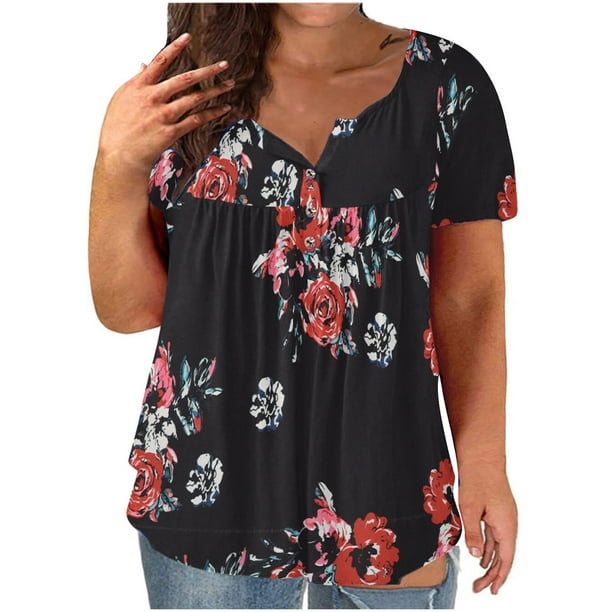 HKEJIAOI Black Women's Tops, Tees & Blouses Women Plus Size V-neck Flowers  Print Button Short Sleeve Tops T-Shirt Blouse Womens Blouses and Tops