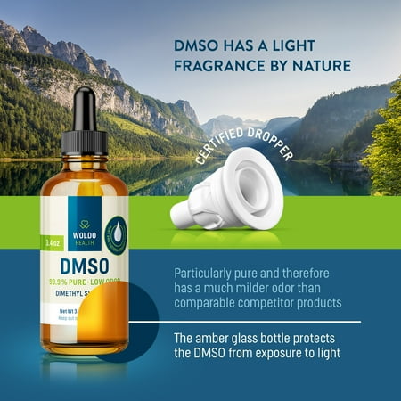 WoldoHealth DMSO 99.9% Pharmaceutical Grade - FT-IR Verified Dimethyl Sulfoxide, Low Odor Solvent in Glass Bottle with Precision Dropper (3.38 oz)