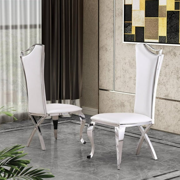 Elegant White Faux Leather Side Chairs with Silver Stainless Steel (Set of 2)
