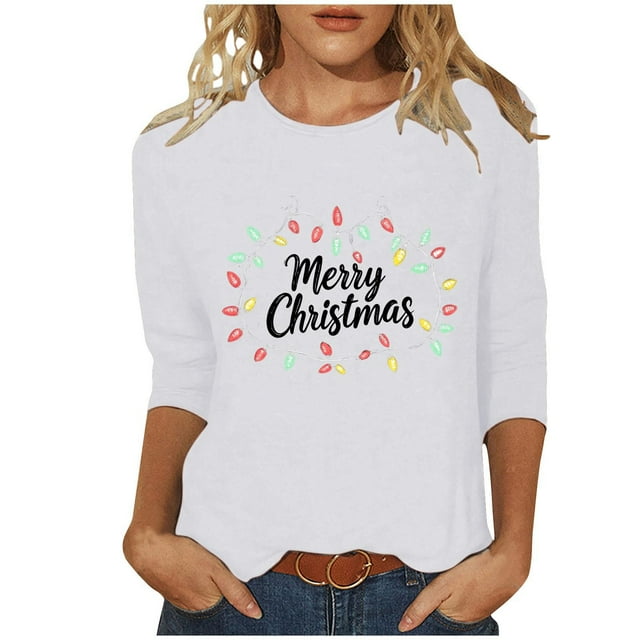 Ladies' Fashionable Christmas TShirt, Loose Fit, 3/4 Sleeves, Round Neck, Stylish Print