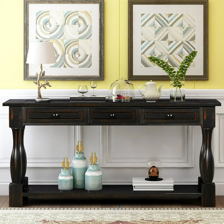 64 inch Long Console Table with Drawers and Shelf Home Entryway Hallway Living Room Sofa Table Black