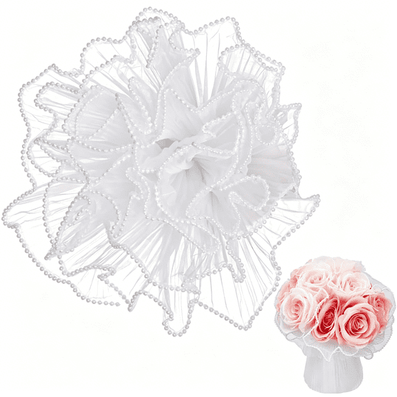 CCOCC White Pearl Edge Bouquet Wrapping Paper – 4.37 Yards x 11" Polyester Mesh Flower Wrap with Beaded Trim for Wedding, Mother's Day, Birthday Gift – Soft Pleated Lace Sheet for Florist Crafts