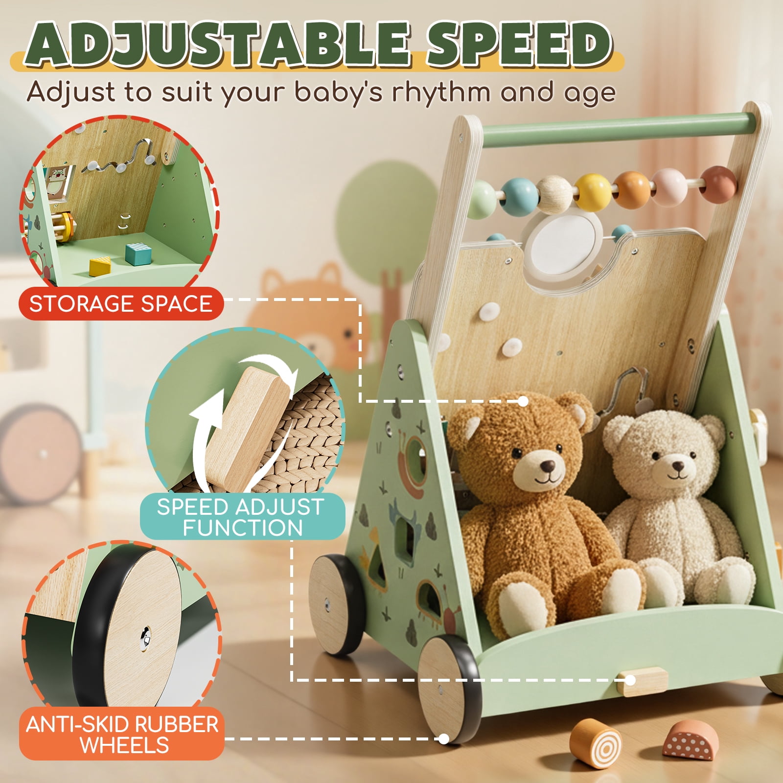 Baby Push Walker, Wooden Baby Walking Toys for 1 Year Old, Adjustable Speed Walker for Baby Boy Girls, Farm Theme Toddler Walker, Montessori Walker Toy, Sit to Stand Walker with Baby Activity Center