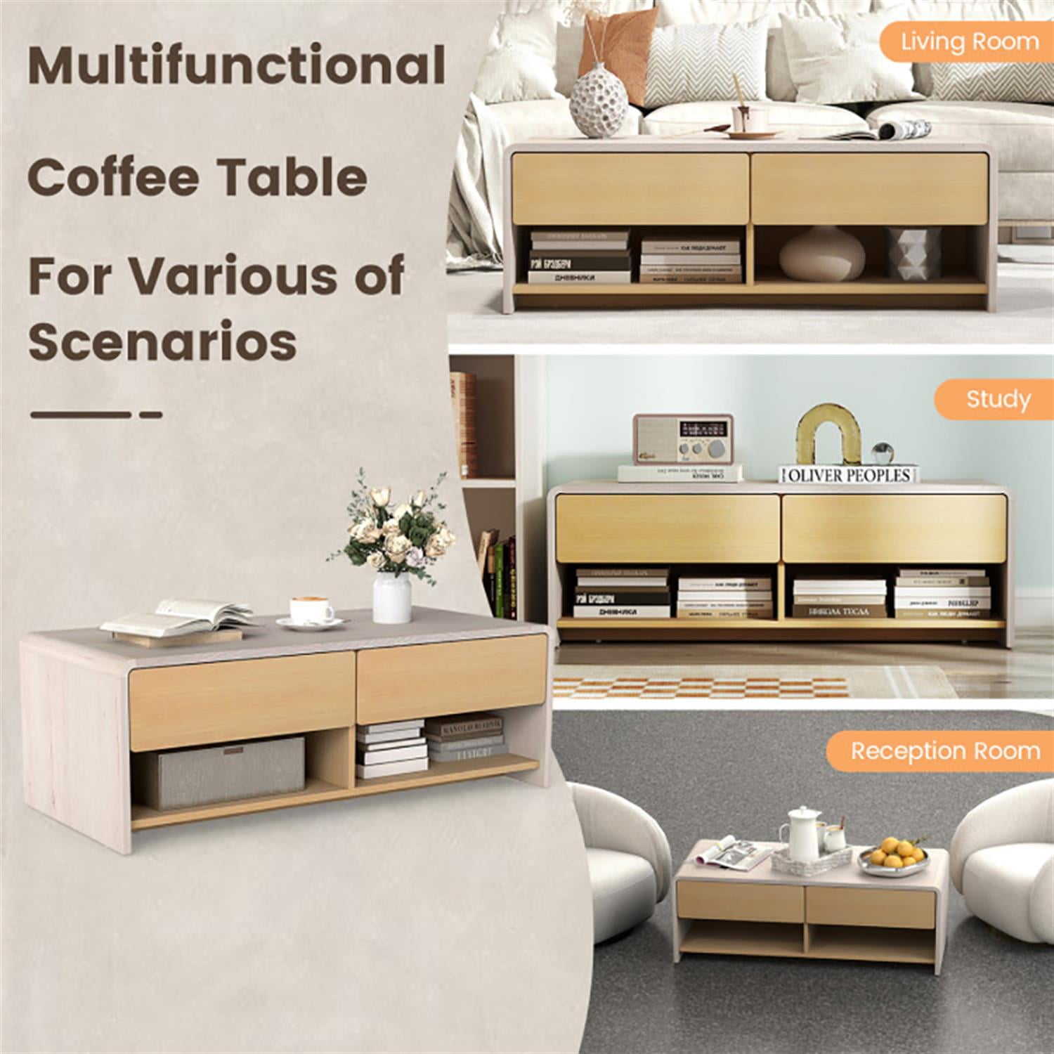 Demi Bonn Modern Coffee Table, Dining Center Tables with 2 Drawers and 2 Storage Shelf for Living Room, Bedroom, Office and Balcony, Beige