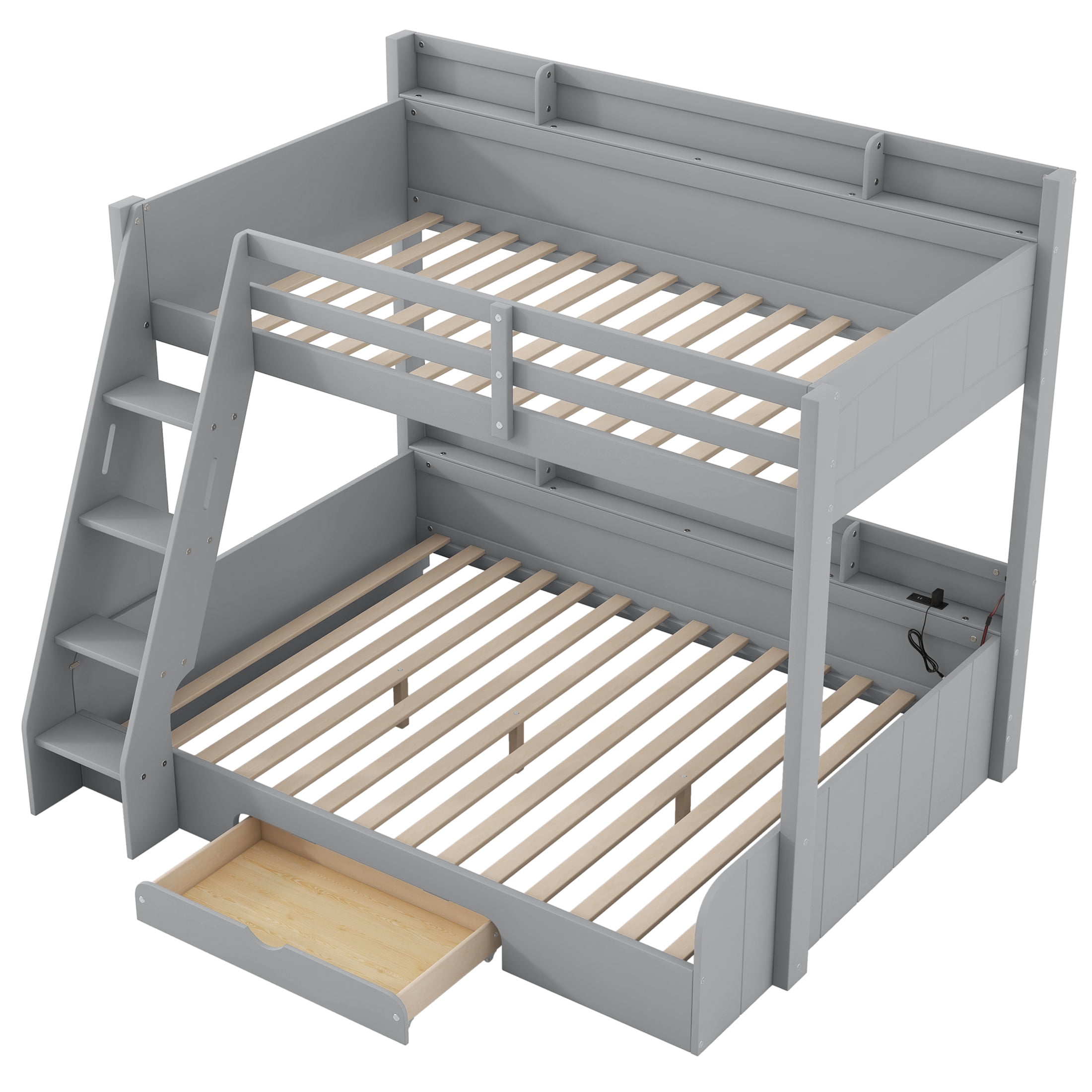 Noble House Alver Twin over Full Bunk Bed with Charging Station, LED Lighting, and Storage Shelves, Space Saving, Gray