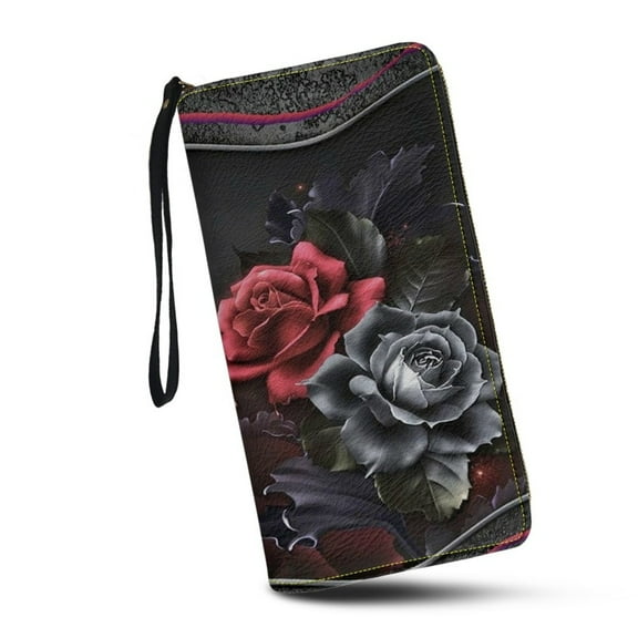 Womens Zipper Long Clutch Wallet Gray and Red Rose Floral Wallets Wristlet Handbag for Credit Card Cash Coin Bill