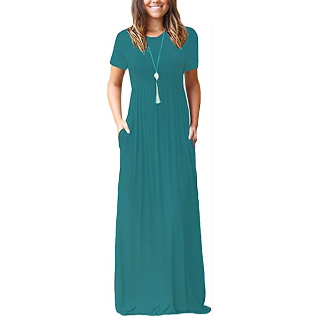 SMihono Robe Maxi Bohème d'Été pour Femmes Grande Taille Mode Femmes Décontractée Col Rond Été Manches Courtes Unie Ample Poches Longue Robe Plage Évasée Robe d'Été