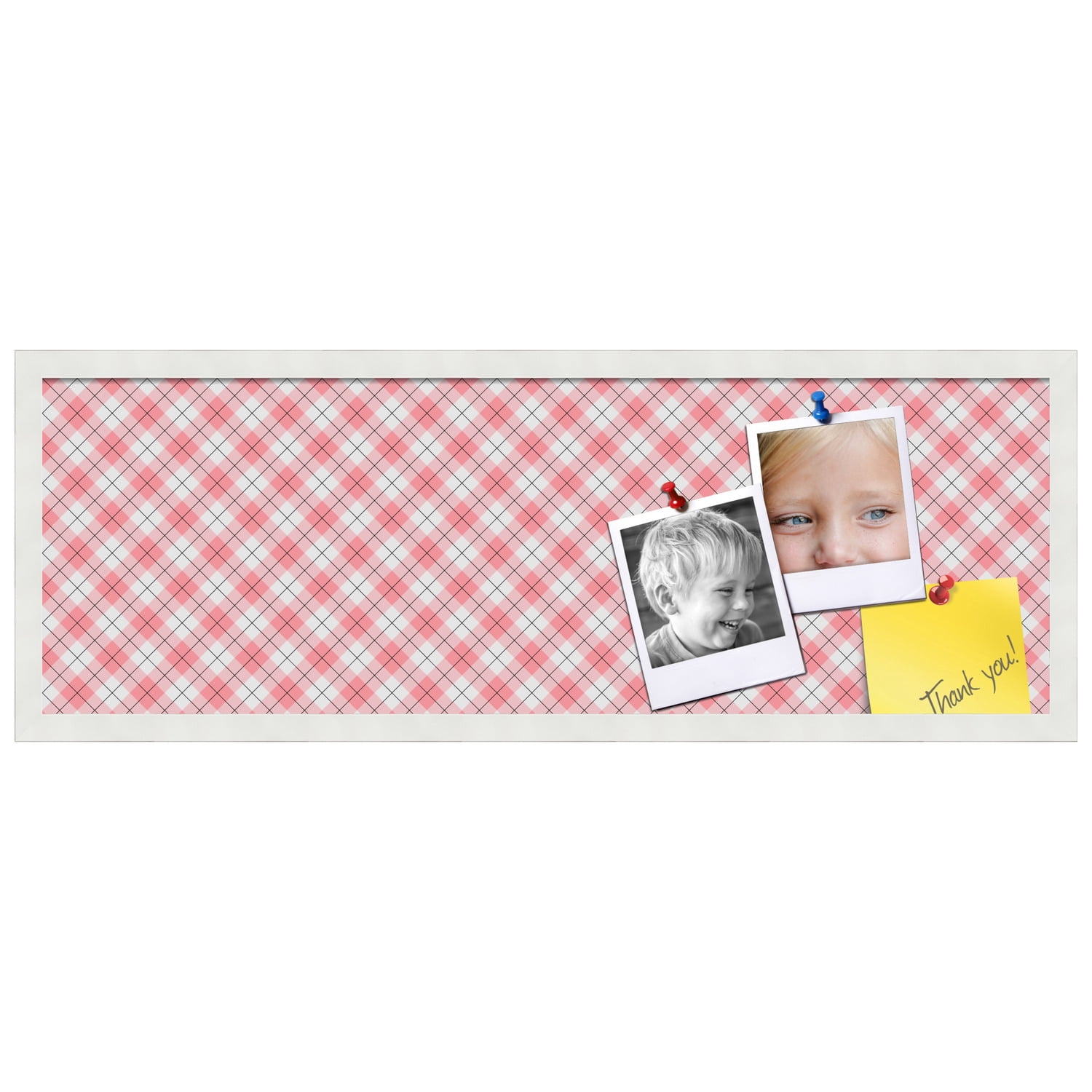 PinPix ArtToFrames 34x10 Custom Cork Bulletin Board Argyle Light Pink   Poster Board Has a Fabric Style Canvas Finish, Framed in Satin White Frame (PinPix-649)