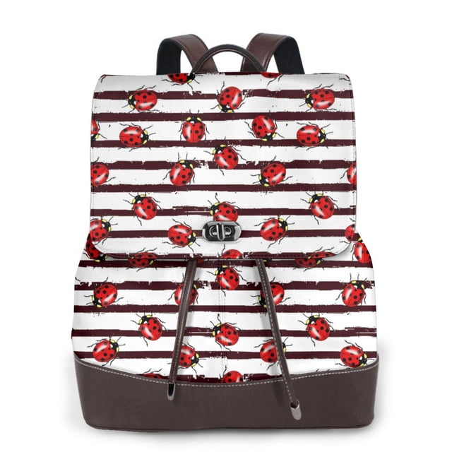 Balery Ladybugs on Black and White Striped1 Mochila de Cuero para Mujeres, Gran Capacidad, Bolsa de Viaje Multifuncional, Mochila de Cuero y Bolsa de Hombro para Mujeres