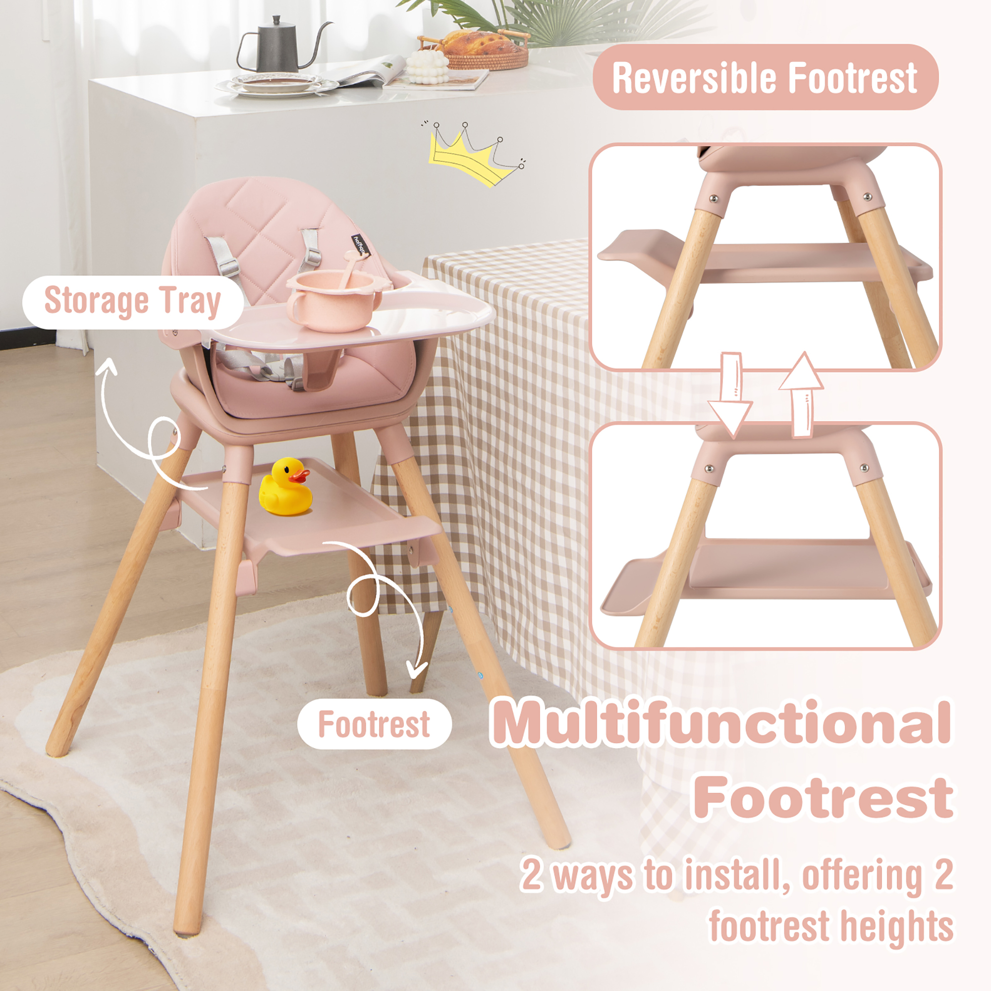 Costway 6-in-1 Convertible Wooden Baby High Chair with Removable Tray, Pink photo 6