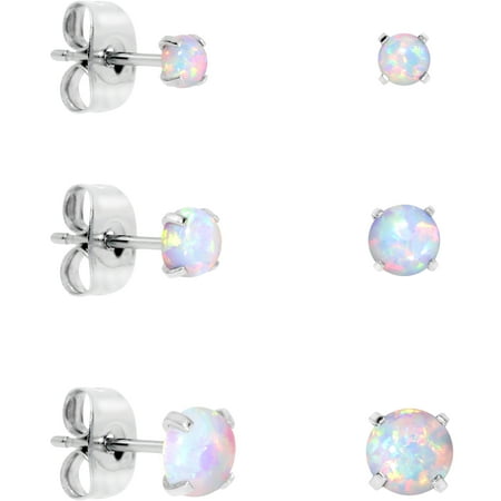 Synthetic Post - Stainless Steel White Synthetic Opal Post Stud Earring Pack of 3