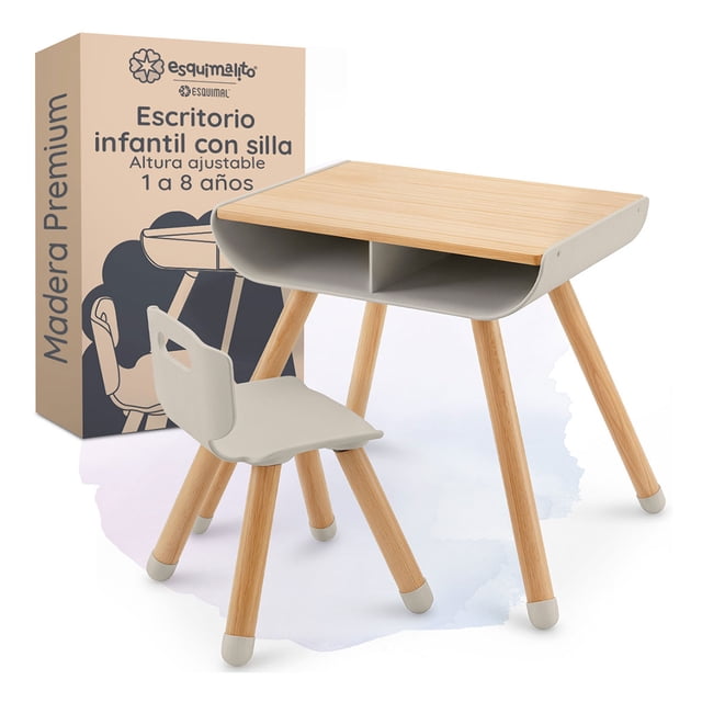 Mesa y Silla para Niños, Escritorio Infantil Altura Ajustable, Madera de Haya, 1 a 8 Años, Greige