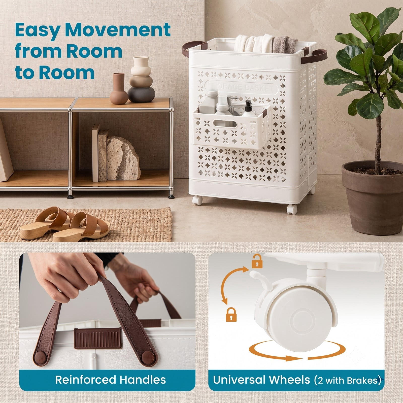 Fenbeli Collapsible Laundry Basket 20 Gallon, Plastic Foldable Laundry Hamper with Wheels, Handles and Hanging Basket, Waterproof PP Clothes Storage Bin Sorter, White