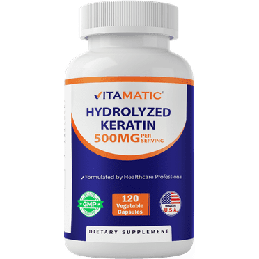 Vitamatic Hydrolyzed Keratin 500mg per Serving - 120 Vegetarian Capsules - Keratin Supplements for Healthy Hair Skin & Nails for Adults