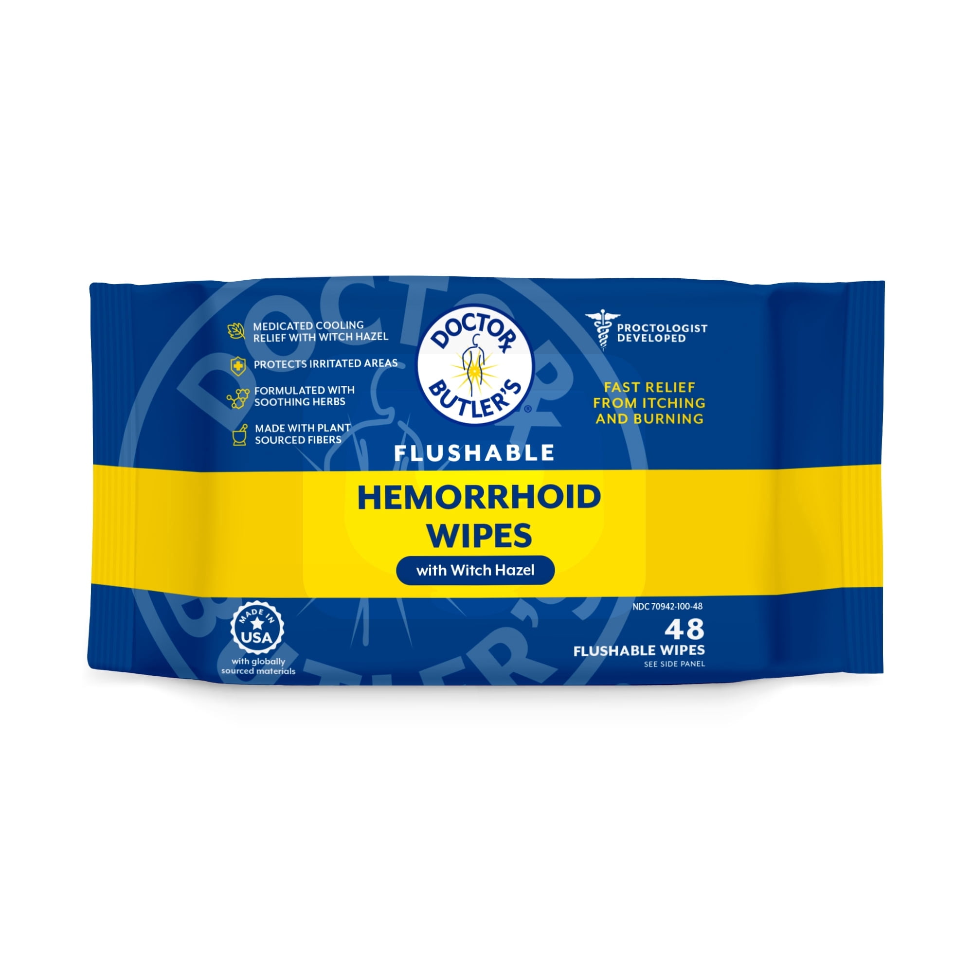 Doctor Butler's Flushable Hemorrhoid Wipes – Flushable Wipes or Moist Compress with Organic Witch Hazel to Soothe and Bring Relief from Discomfort Associated with Hemorrhoids (48 Wipes)
