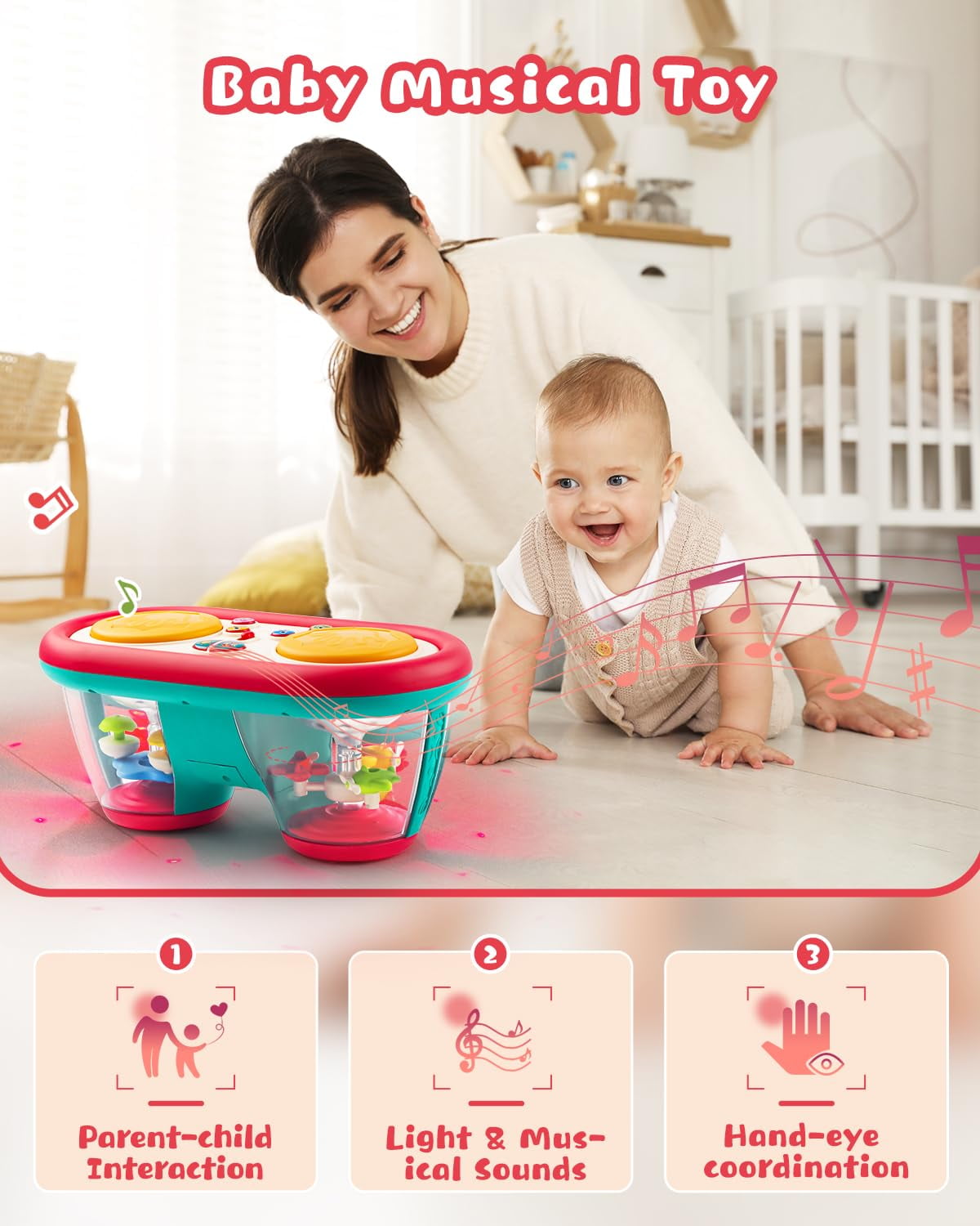 Style-Carry Baby Toys for 6-12 Months, Toddler Musical Instruments Toys, Rotating Light Up Learning Toys, Drum Toy for 1 Year Old Boys Girls