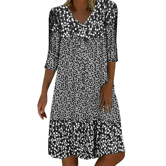 XIAOCHA Womens Ditsy Print Dress Loose V Neck Three Quarter Sleeves Tiered Midi Dress Lightweight Casual Everyday Dresses