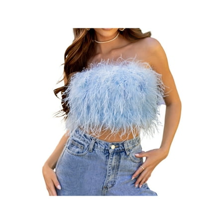 

Women s Feather Corset Tops Off Shoulder Sleeveless Tube Cami Vest Push Up Faux Fur Trim Bustier Summer Tops