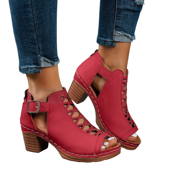 Rokment Platform Gladiator Dressy Sandals Ankle Booties for Women Vintage Casual Leather Open Peep Toe Chunky Block Heels Buckled Comfortable Spring Summer Dress Footwear Red Size 6
