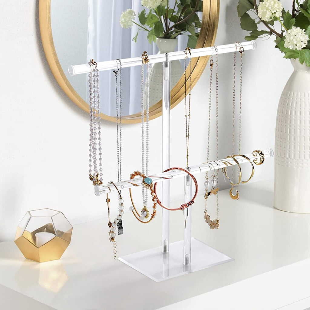 Geemin Acrylic Hairband Display Stand 2-Tier T-bar Hair Hoop Headband Hanging-Jewelry Organizer for Necklaces Bracelet Earring