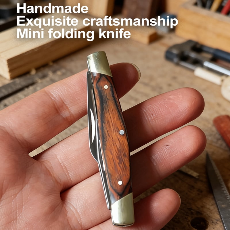 Hand Forged Mini 3-Blade Folding Pocket Knife, Wood Handle Brass EDC Survival Tool for Camping Emergency, Collectible Gift for Men