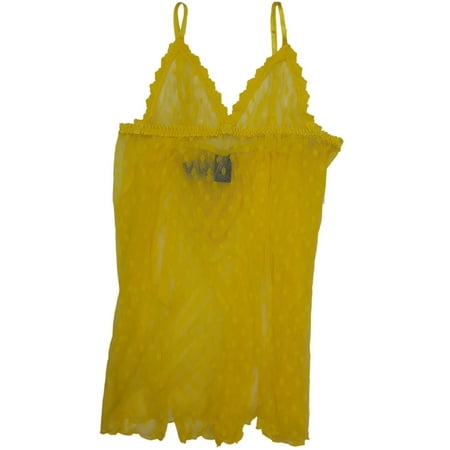 Womens Yellow Polka Dot See Through Chemise Nightie Nightgown Lingerie Teddy